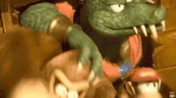 a cartoon character with a red hat is standing next to a cartoon character with green teeth