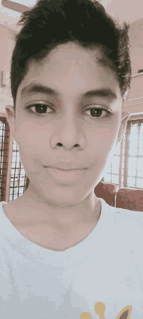 a young boy wearing a white t-shirt with a crown on it