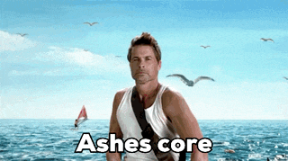 a man in a white tank top is standing in front of the ocean with the words ashes core written below him