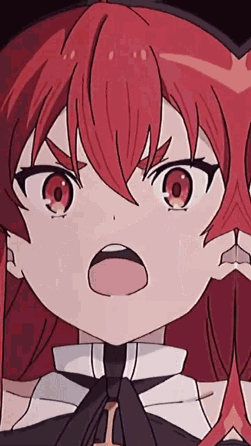 a close up of a red haired anime girl with a surprised face .