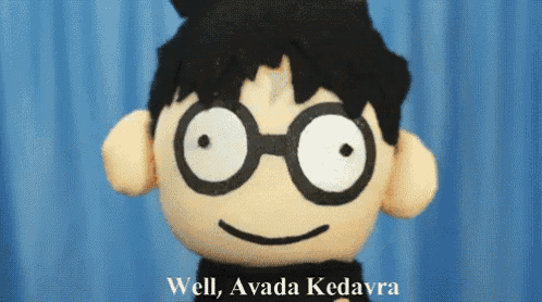 a stuffed harry potter doll says well avada kedavra in front of a blue background