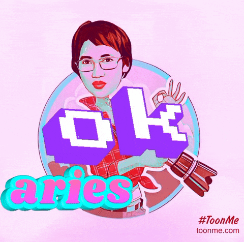 a cartoon of a girl with glasses and the words ok aries below her