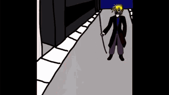 a cartoon of a man holding a sword with a yellow light coming out of his hand
