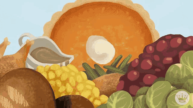 a drawing of a pie surrounded by vegetables with a crown on the bottom right