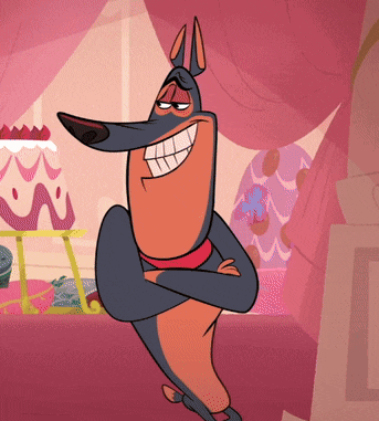 a cartoon dog is standing with his arms crossed in front of a cake