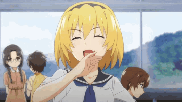a girl with yellow hair and a blue tie is covering her mouth