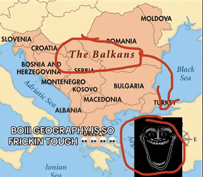 a map of the balkans with a picture of a troll face on it