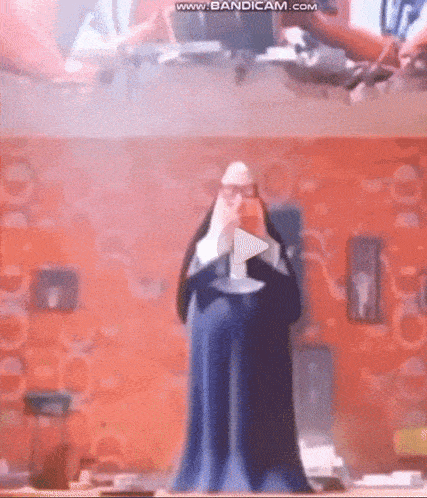 a cartoon character is standing in front of a wall in a room holding a book .