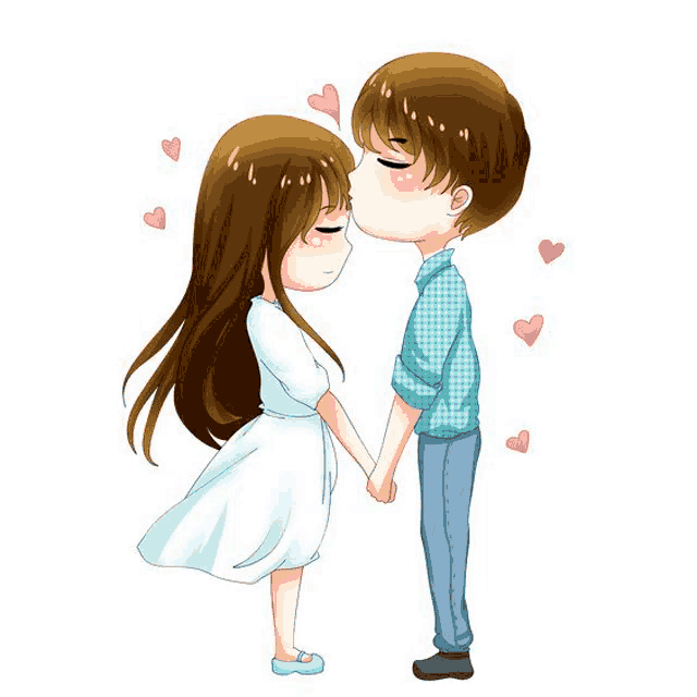a boy kissing a girl on the cheek while holding her hand