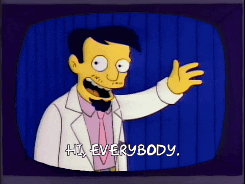 a cartoon character says hi everybody on a blue background