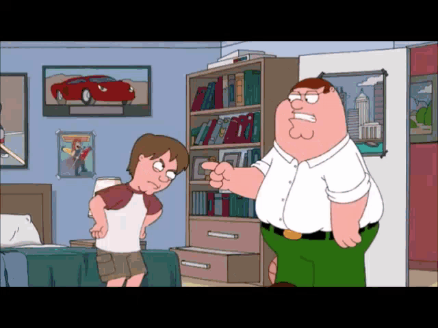 peter griffin is pointing at a boy in a room