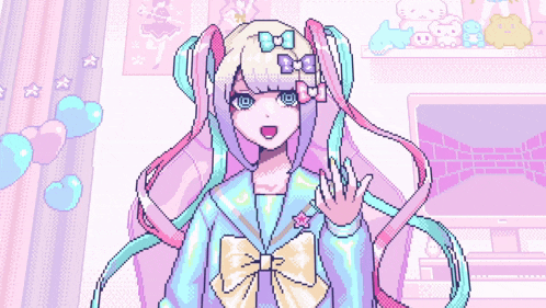 a pixel art drawing of a girl with a bow on her hair
