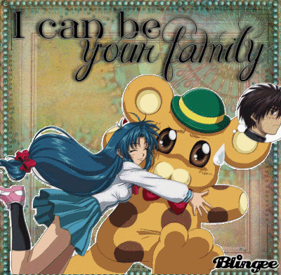 a girl hugging a teddy bear with the words " i can be your family "