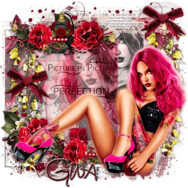 a picture of a woman with pink hair is surrounded by flowers and says picture in perfection