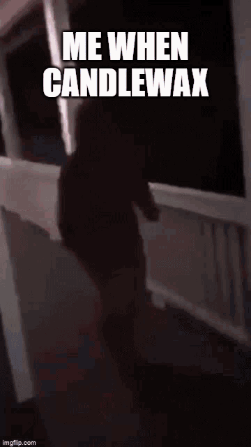 a person is walking down a porch with the words `` me when candlewax '' written on the bottom .