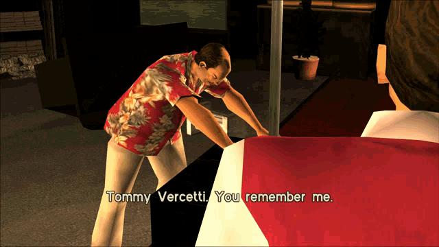 a man in a hawaiian shirt is talking to tommy vercetti who remembers him