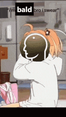 a cartoon of a girl hugging a bald head with the words `` i 'm bald bro i swear '' .