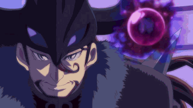 a close up of a man 's face with a purple ball behind him