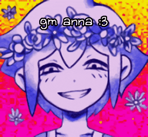 a drawing of a girl with flowers in her hair and the words gm anna 3 on top