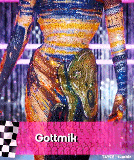 a picture of a woman in a colorful dress with the name gottmik written on the bottom