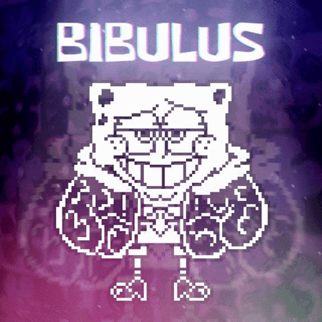 a pixel art drawing of spongebob with the word bibulus on the bottom