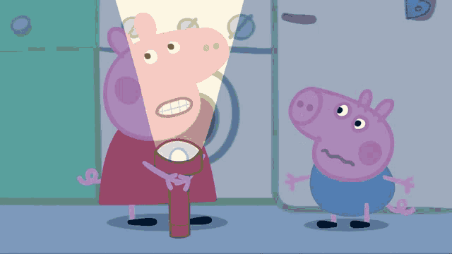 a cartoon pig is holding a flashlight next to a purple pig