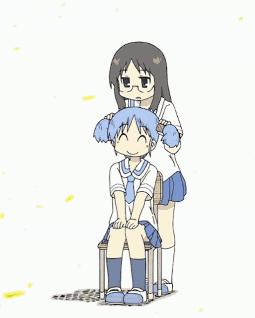 a cartoon of a girl sitting on a chair with another girl standing behind her
