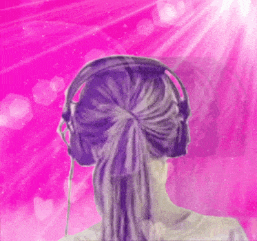 a woman with purple hair is wearing headphones on a pink background