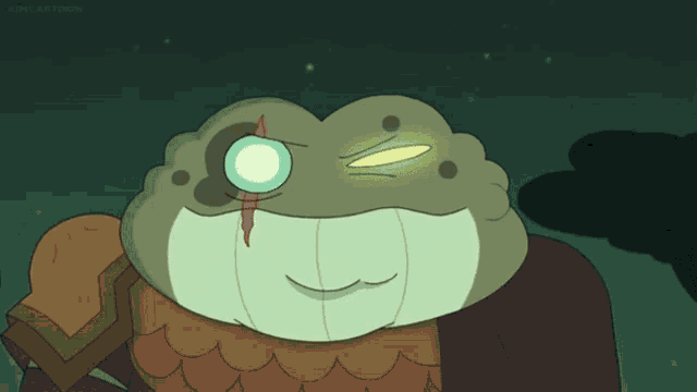 a cartoon of a frog with a magnifying glass on its face
