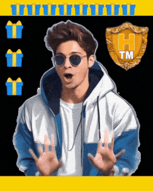 a man wearing sunglasses and a blue and white jacket with a h tm logo in the background