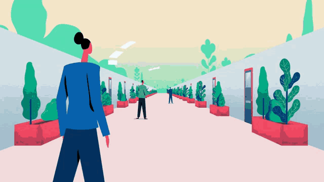 a cartoon of a woman walking down a hallway
