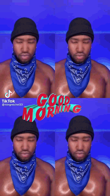 a shirtless man wearing a bandana and a beanie is making a funny face .