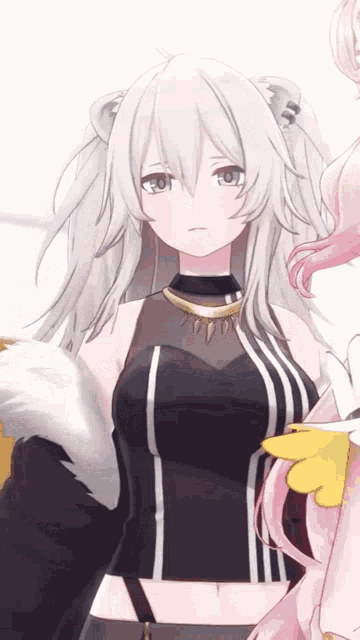a close up of a girl with white hair and a black top
