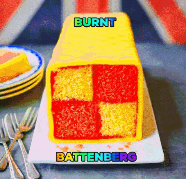 a yellow and red checkered cake with the words burnt battenberg on it