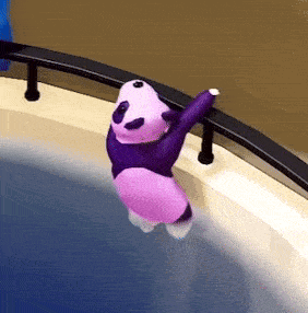 a pink and purple panda bear is hanging from a railing in a pool .