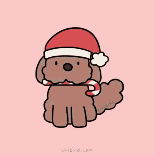 a cartoon dog wearing a santa hat and holding a candy cane