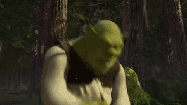 shrek from the movie shrek is standing in the woods .
