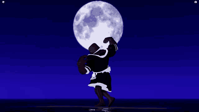 a cartoon character in a maid outfit is standing in front of a full moon