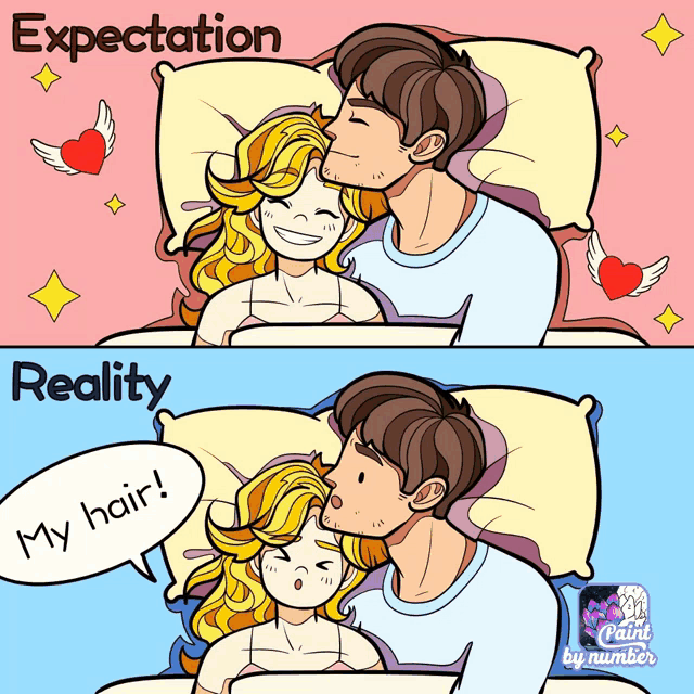 a cartoon of a man kissing a woman 's forehead and a woman saying " my hair "