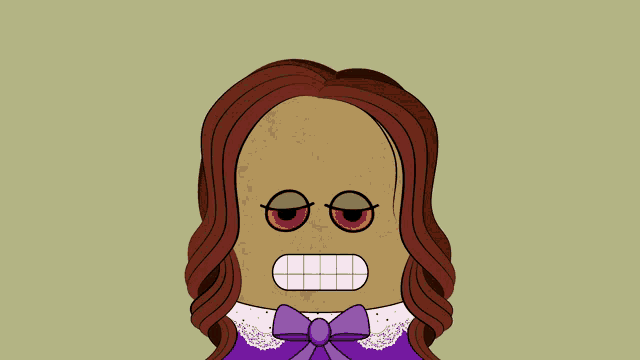 a cartoon drawing of a woman with red eyes