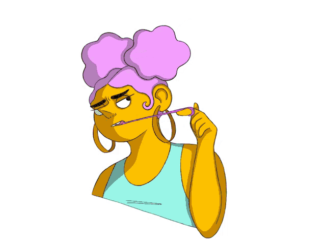 a cartoon drawing of a woman with purple hair sticking her tongue out