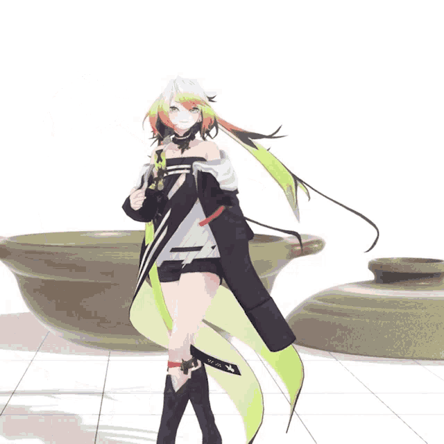 a 3d model of a girl standing next to a pot that has the letter z on it