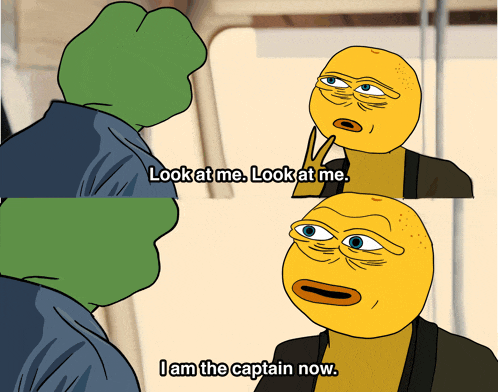 a cartoon of a frog and a yellow face saying look at me look at me and i am the captain now
