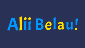 blue and yellow letters that say alii belau on a blue background