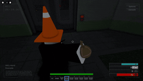 a person in a video game has a cone on their head and the number 74 is on the screen