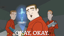 a cartoon of a man saying okay okay in front of a hologram