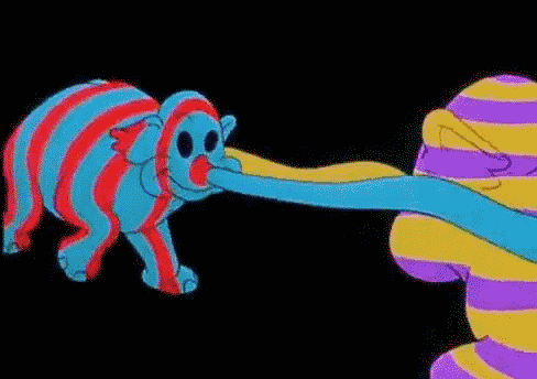 a colorful cartoon elephant is licking another colorful cartoon elephant .