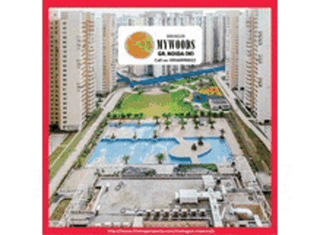 a picture of a swimming pool surrounded by tall buildings and a sign that says mywoods