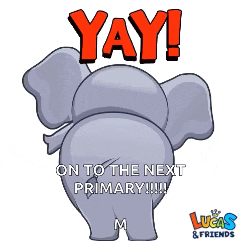 a lucas and friends sticker with an elephant and the words yay on to the next primary