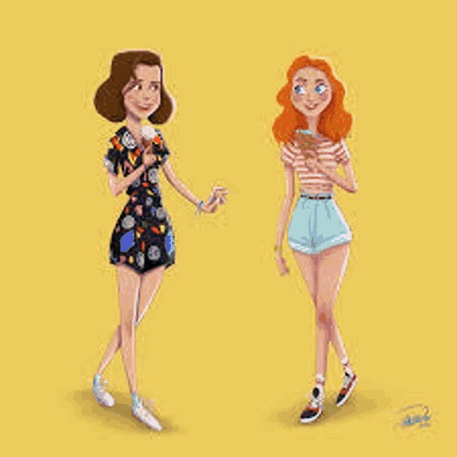 a cartoon of two girls standing next to each other on a yellow background holding hands .
